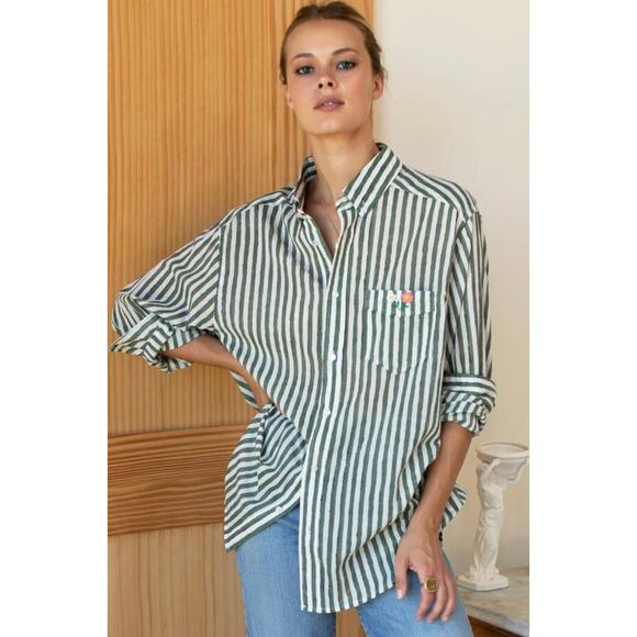 EMERSON FRY Ryan Shirt Organic Cotton Button Up Striped Oversized Green White M - Picture 1 of 10
